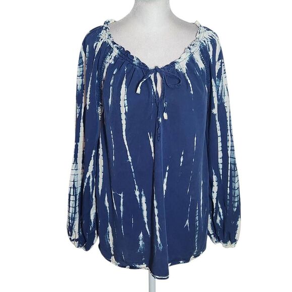 Knox Rose Navy Boho Peasant Blouse Size Medium Navy and White Dyed Top - Picture 1 of 10